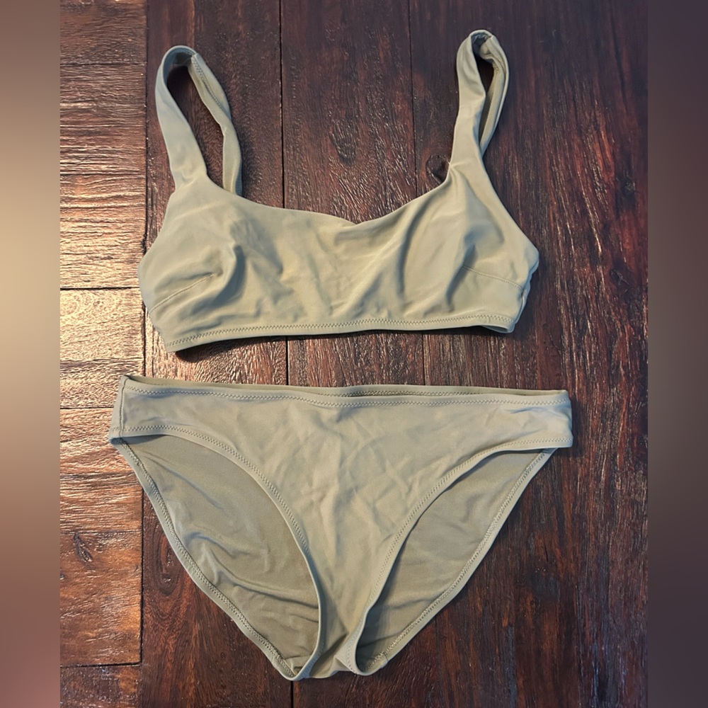 Aerie Wide Strap Scoop Top with Full Coverage Bottoms- Olive Green Bikini - Picture 3 of 12